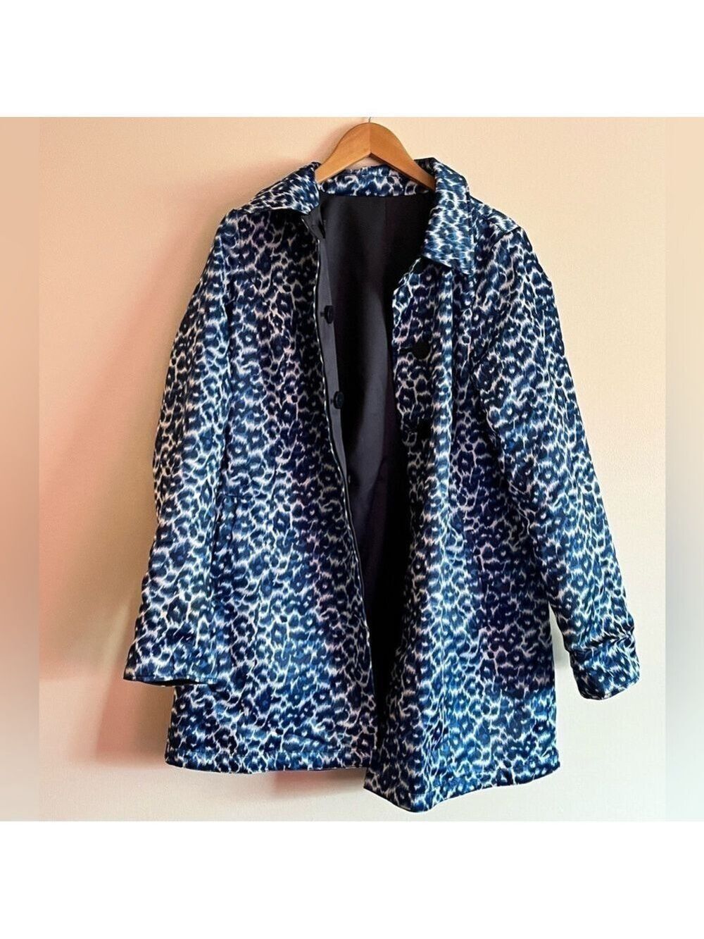 Dennis Basso Reversible Raincoat Blue Leopard Print Navy Coat Jacket M Animal